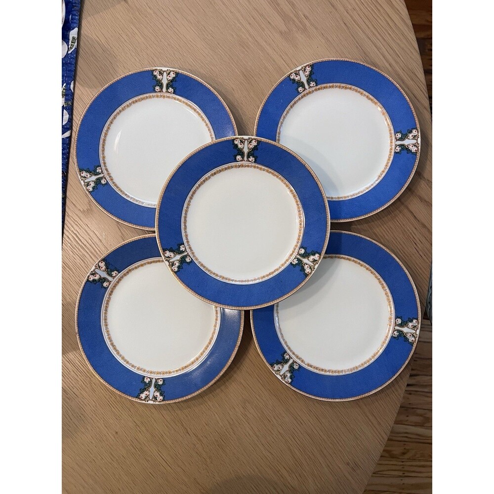 VTG Pirken Hammer Czechoslovakia 7” Salad Plates Lot Of 5 Powder Blue Gold Trim